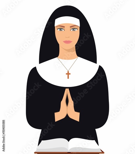 illustration of a nun praying with the Bible. Nun reading the Bible. Vector flat cartoon illustration