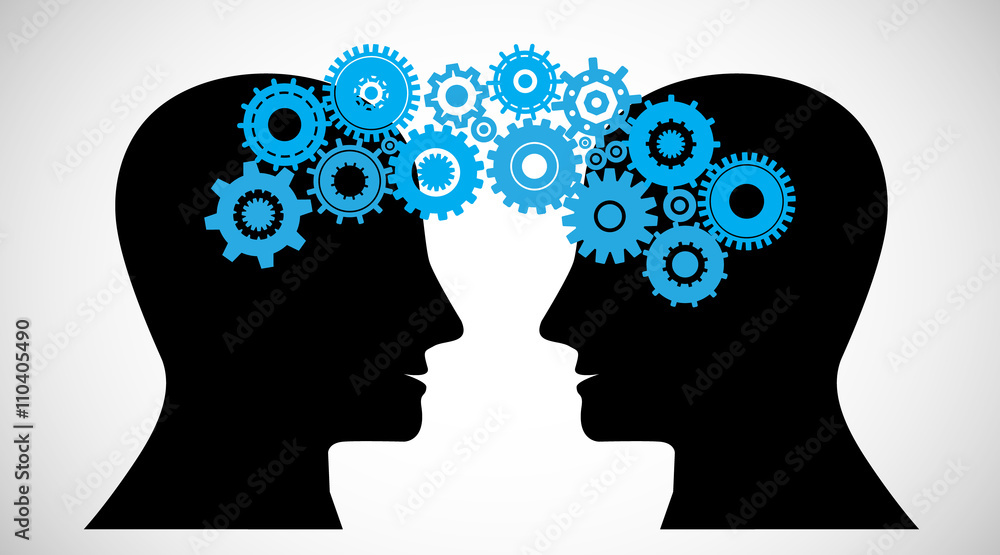 Concept of Brain storming, Knowledge sharing between to people head, this was shown through cogwheels transferring from one human brain to other, this also represents creative mind, innovation Concept of Brain storming, Knowledge sharing between to people head, this was shown through cogwheels transferring from one human brain to other, this also represents creative mind, innovation
