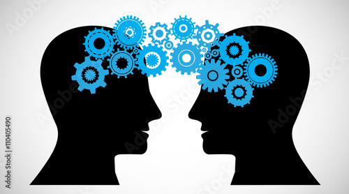 Concept of Brain storming, Knowledge sharing between to people head, this was shown through cogwheels transferring from one human brain to other, this also represents creative mind, innovation