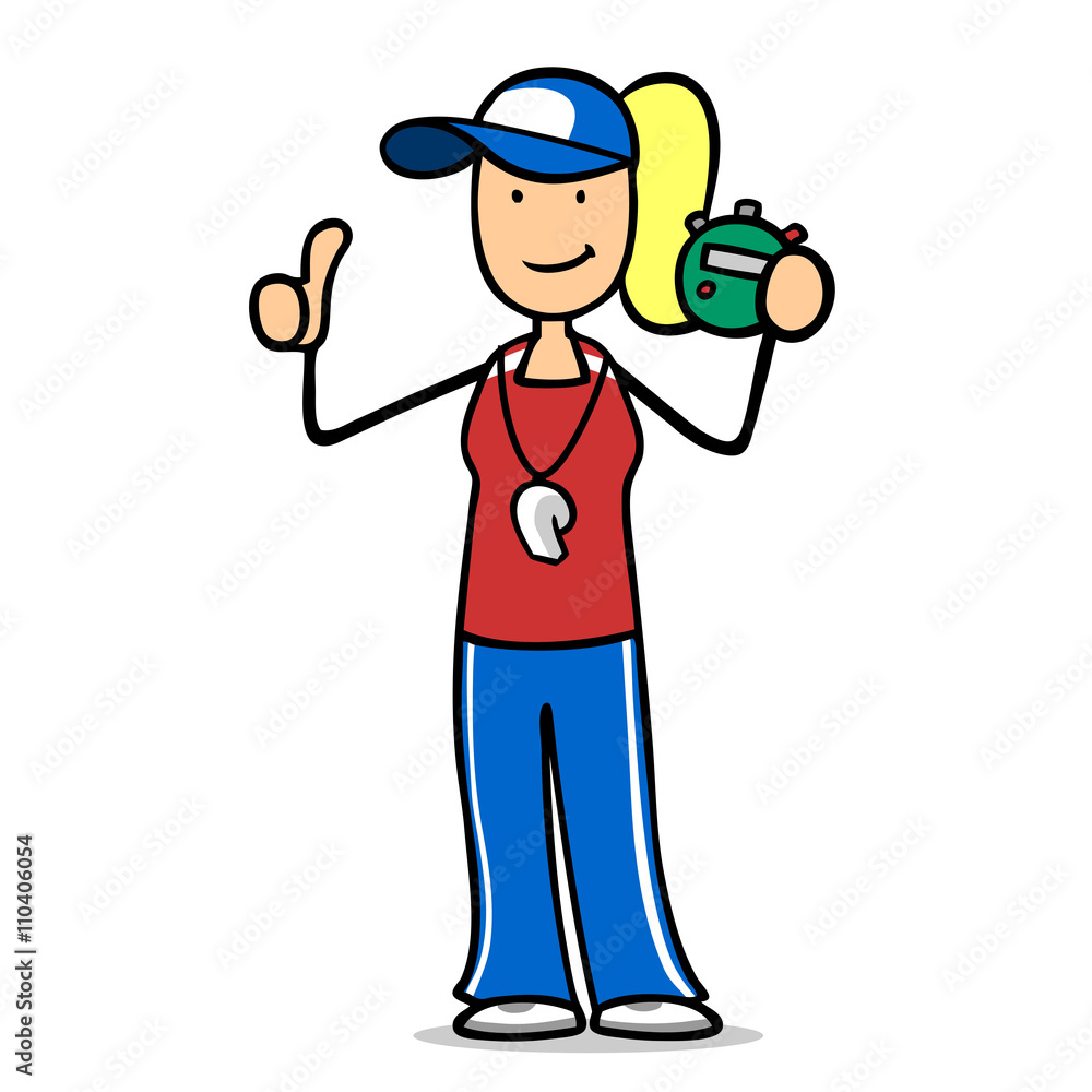 Cartoon Fitnesstrainerin hält Daumen hoch Cartoon Fitnesstrainerin hält Daumen hoch