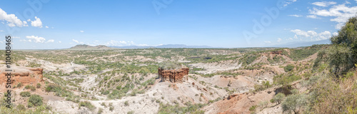 Panoramic view of ravine Olduvai Gorge, one of the most important paleoanthropological sites in the world - the Cradle of Mankind. Great Rift Valley, Tanzania, Eastern Africa. 
