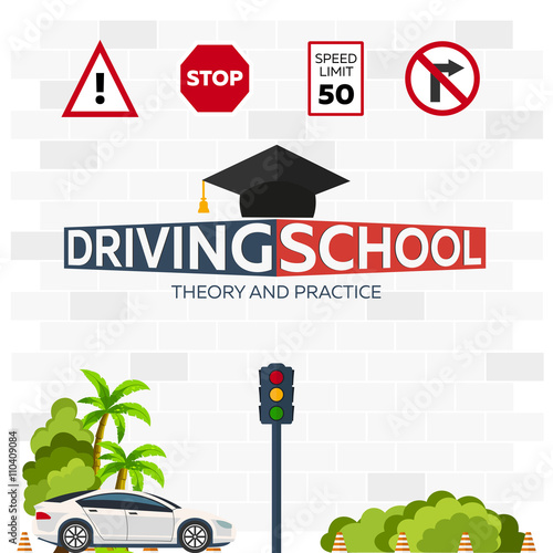 Driving school logo. Driving school illustration. Auto Education. The rules of the road
