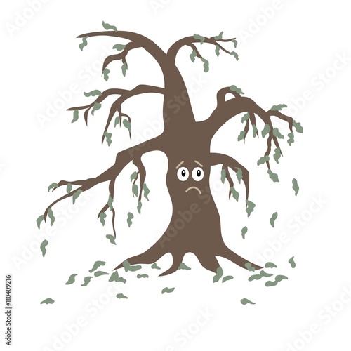 Withered tree with deciduous leaves on a white background. Icon.