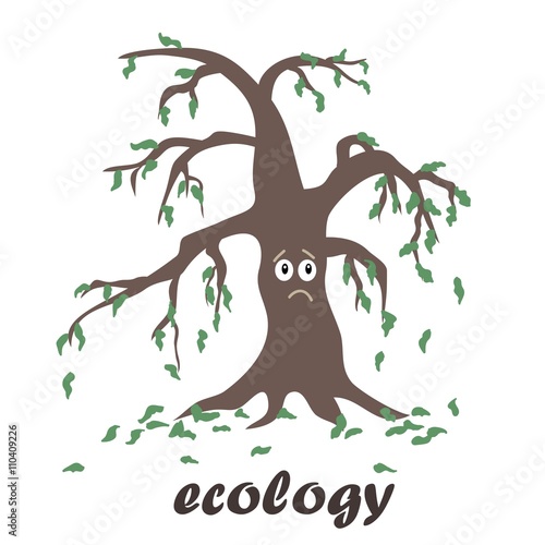 Withered tree with deciduous leaves on a white background. Icon.