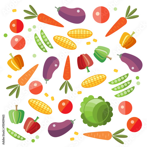 Vegetable set. Tomato, carrot, cabbage, eggplant, pepper, corn vector illustration
