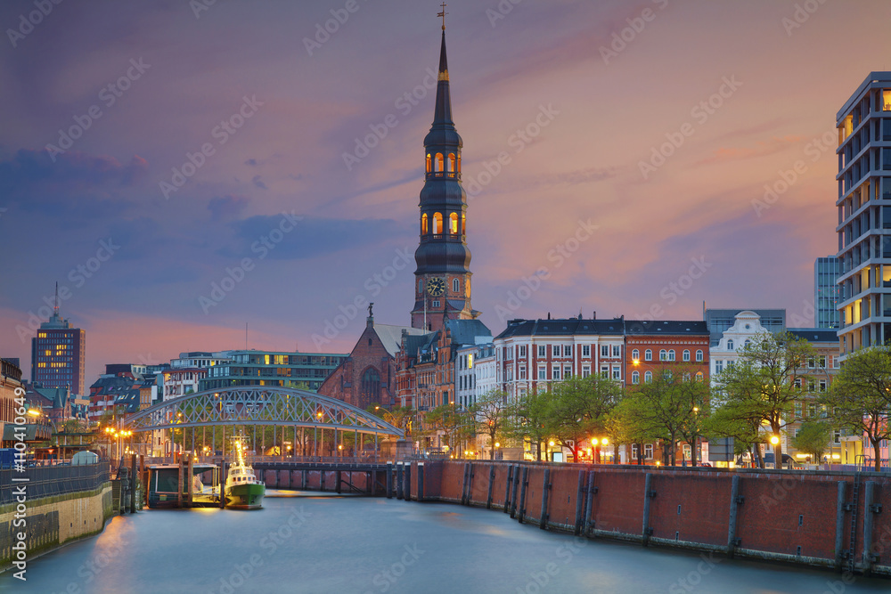 Hamburg. Image of Hamburg- Speicherstadt during twilight blue hour.