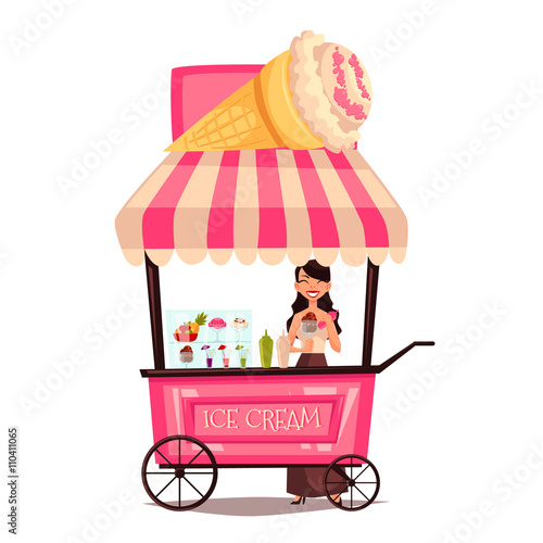 Fast food ice cream cart, vector cartoon set isolated on a white background, street selling ice cream, comic girl street vendor ice cream