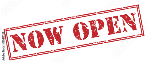 now open red stamp on white background