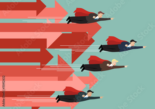 Businessman superhero fly competition with group of arrows in th