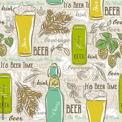 Beige seamless patterns with set of beer bottle, mug, hop, barle