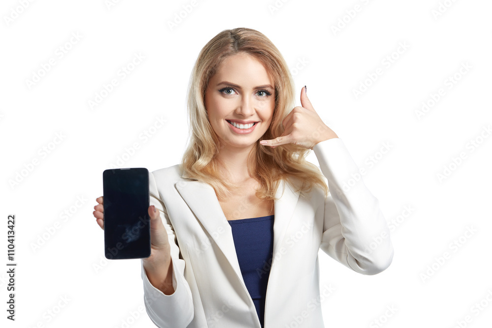 Business smiling woman showing a display of phone and making a call me sign Business smiling woman showing a display of phone and making a call me sign