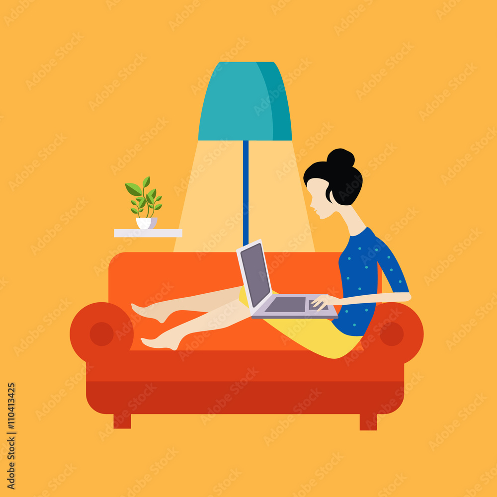 Obraz premium Girl On The Sofa Working Freelance