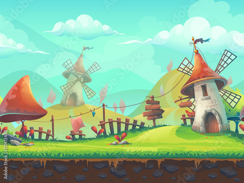 Seamless cartoon landscape with a windmill
