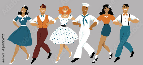 A chorus line of male and female performers dressed in vintage fashion dancing a routine in a classic musical theater, EPS 8 vector illustration
