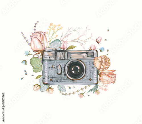 Vintage retro photo camera in flowers, leaves, branches on white background. Watercolor design, Flat style. Hand drawn Vector illustration, separated elements in collage.