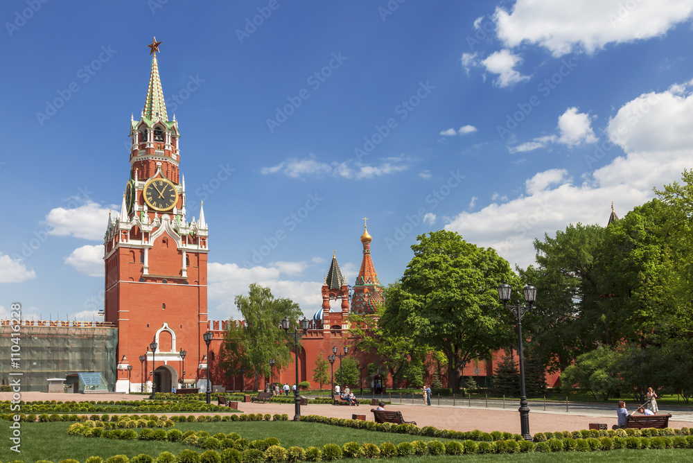 View of the Spasskaya tower and the square from Ivanovskaya square of the Kremlin, Moscow, Russia View of the Spasskaya tower and the square from Ivanovskaya square of the Kremlin, Moscow, Russia