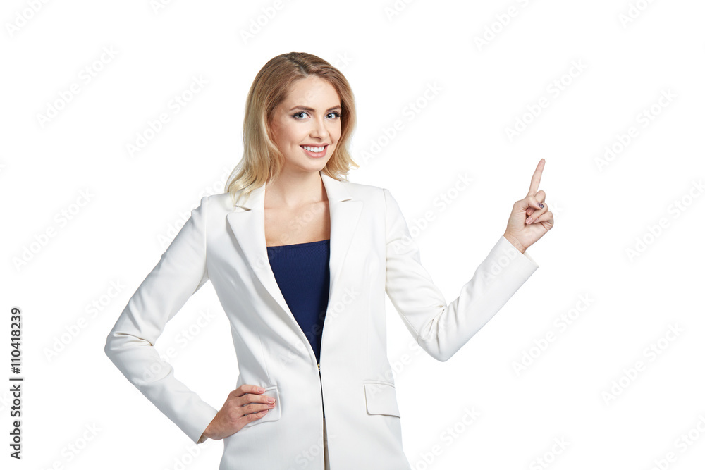 Beautiful smiling woman pointing finger on copy space. Business concept Beautiful smiling woman pointing finger on copy space. Business concept