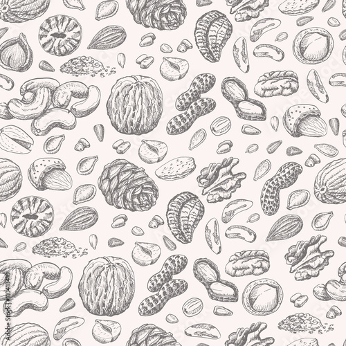 Seamless pattern with seeds and nuts on a white background