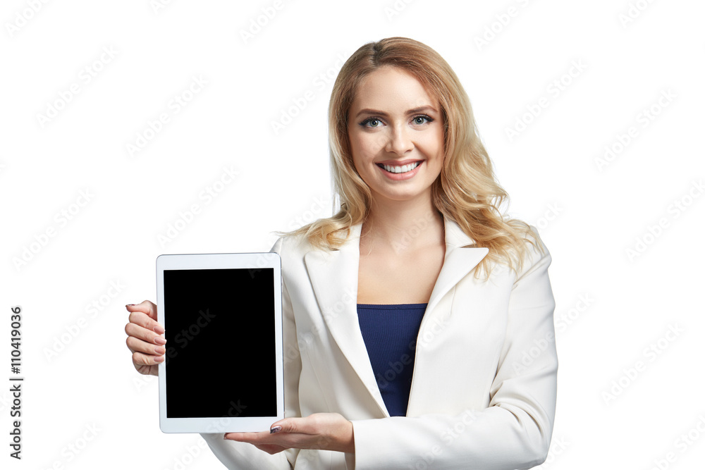Copy space on her tablet. Beautiful young woman showing tablet and smiling. Business concept Copy space on her tablet. Beautiful young woman showing tablet and smiling. Business concept