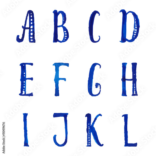 English watercolor decorative alphabet with hand drawn tall letters. Vector font.