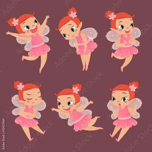 set of cute pink blossom fairy with different emotion