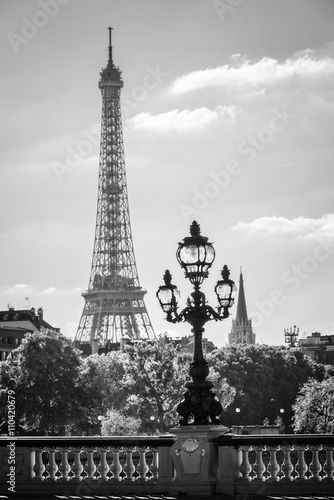 Street lantern on the Alexandre III Bridge against the Eiffel Tower in Paris  France
