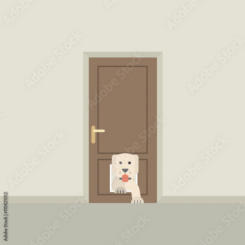 Dog Passing Through The Door For Dog Vector Illustration.