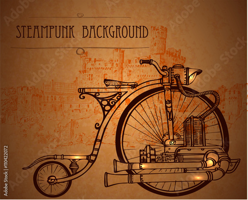 Retro bike. Bicycle in steampunk style. Template blank in steampunk style. Vintage background