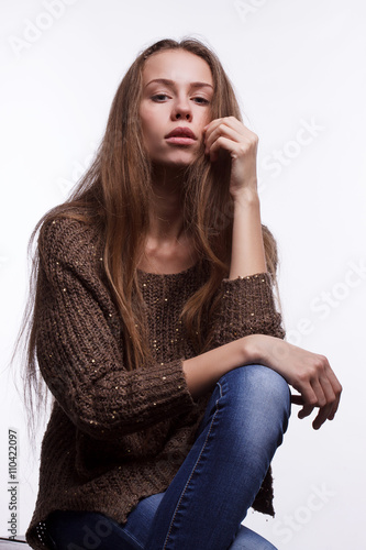 Photography Portrait in the studio on white background. Beautiful model.