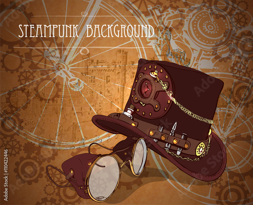 Steampunk Background with Top Hat and Brass Goggles. Edwardian Party Card. Vector