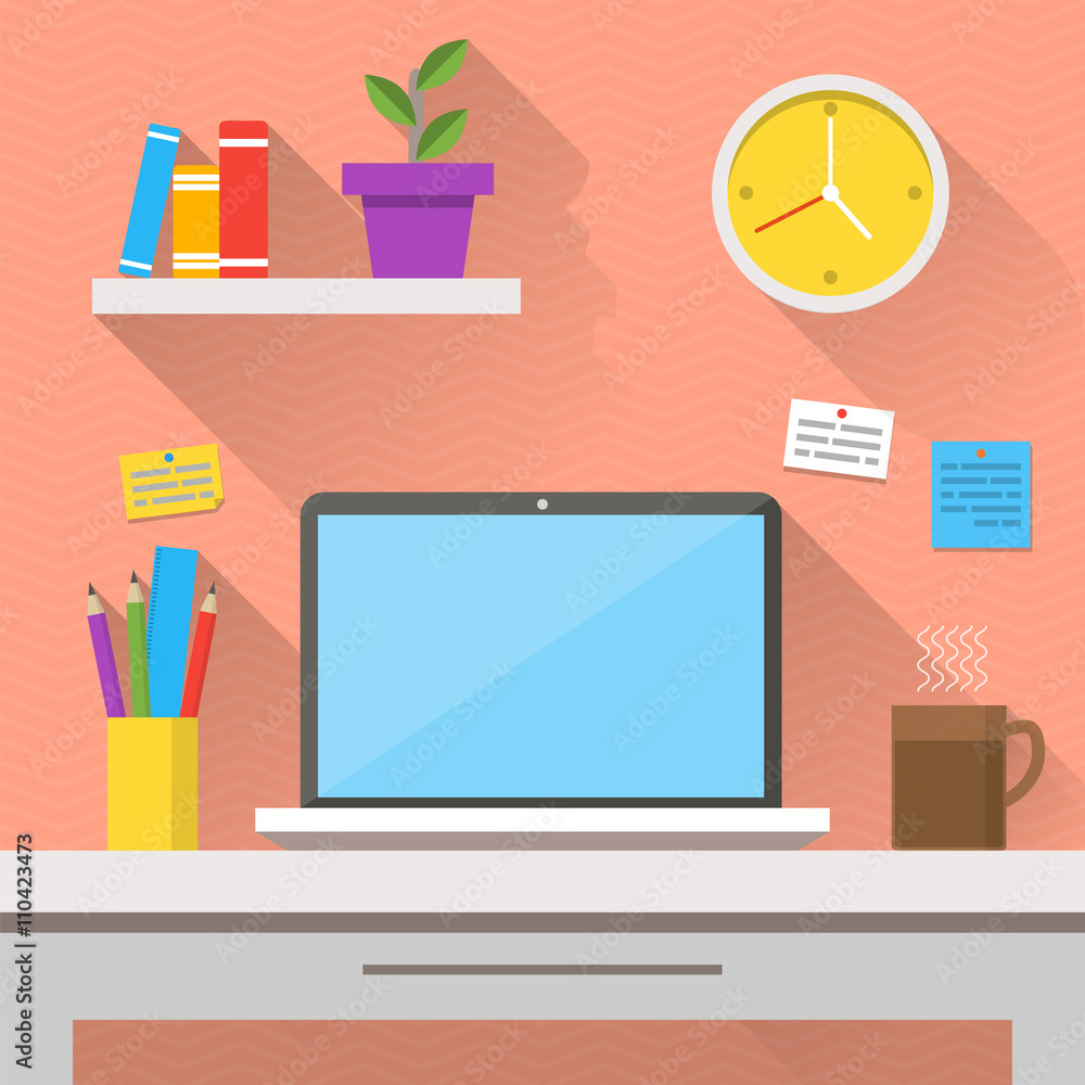 Flat design vector illustration of modern office interior. Creative cartoon office workspace with computer, notes, folders, books, plants, mug, clock. Flat minimalistic style and color, long shadows. Flat design vector illustration of modern office interior. Creative cartoon office workspace with computer, notes, folders, books, plants, mug, clock. Flat minimalistic style and color, long shadows.