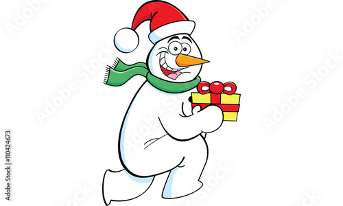 Cartoon illustration of a running snowman holding a gift.