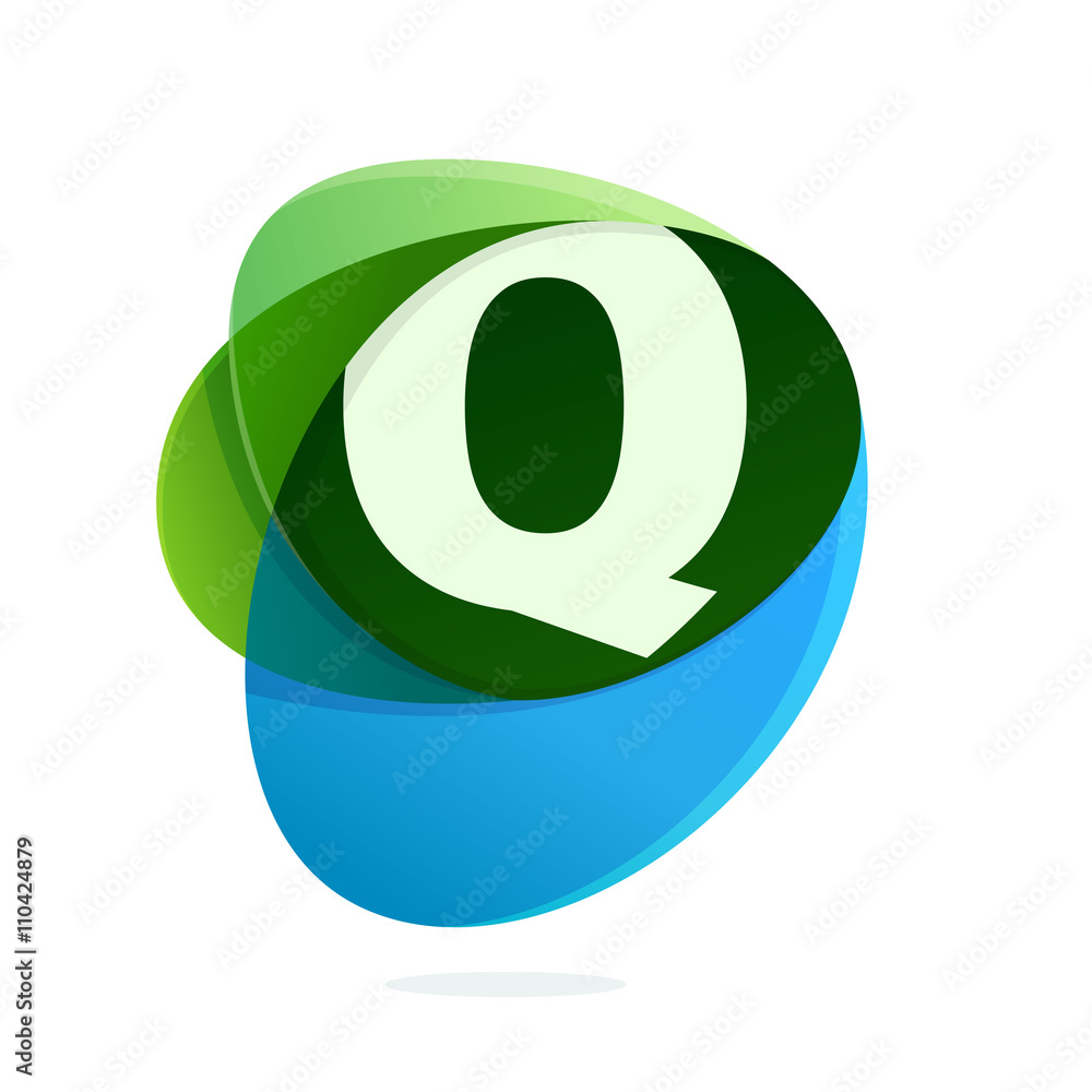 Q letter with green leaves and blue drops. Q letter with green leaves and blue drops.