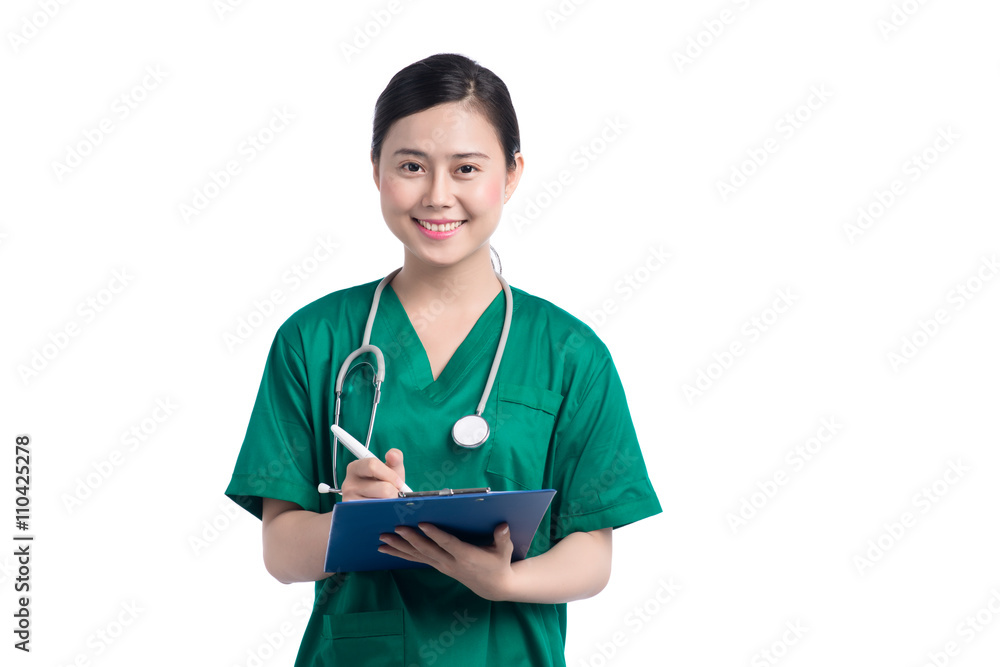 Confident female doctor holding medical records Confident female doctor holding medical records