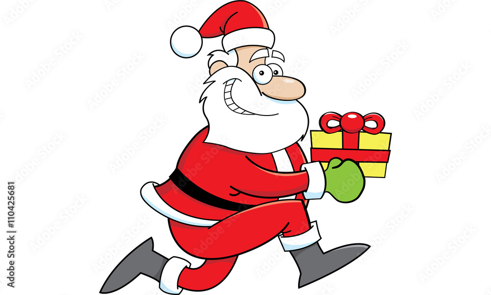 Cartoon illustration of Santa Claus running with a gift Cartoon illustration of Santa Claus running with a gift