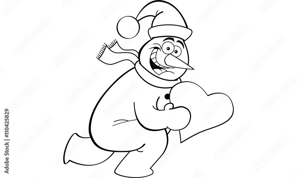 Black and white illustration of a running snowman holding a heart.