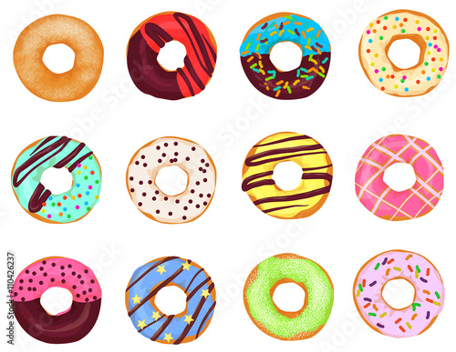 Set of cartoon realistic donuts cakes isolated on white background.