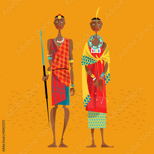 Maasai couple in traditional clothing.