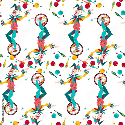 Clowns on unicycle juggling with balls and pins. Background pattern