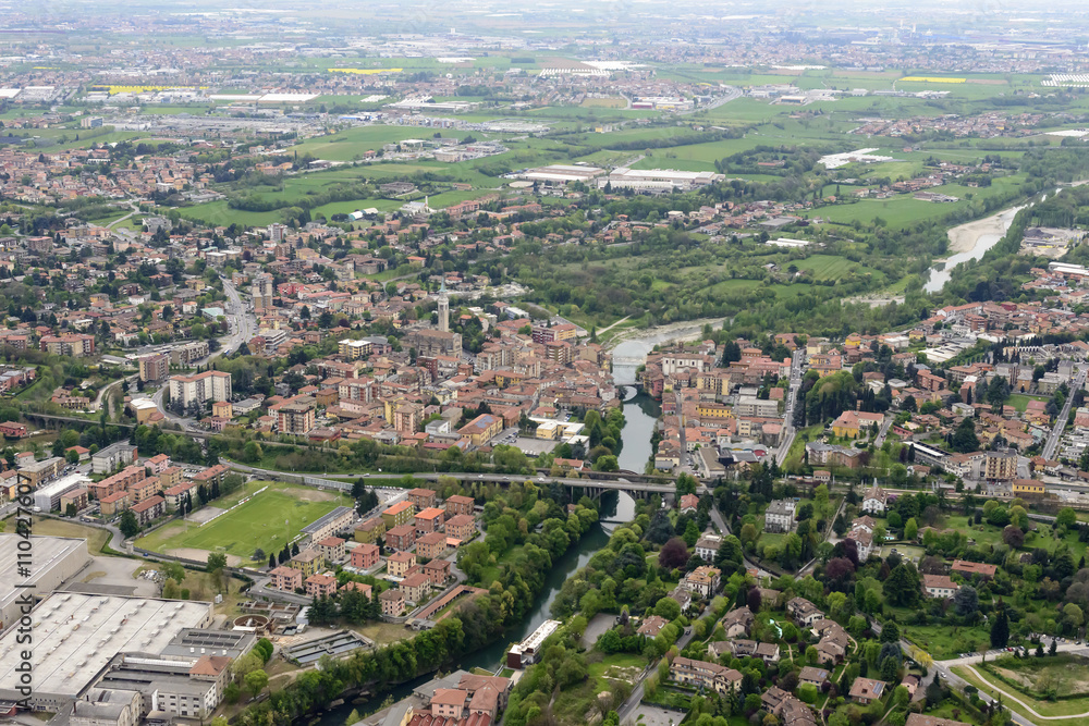 aerial view of Ponte San Pietro village, Orobie