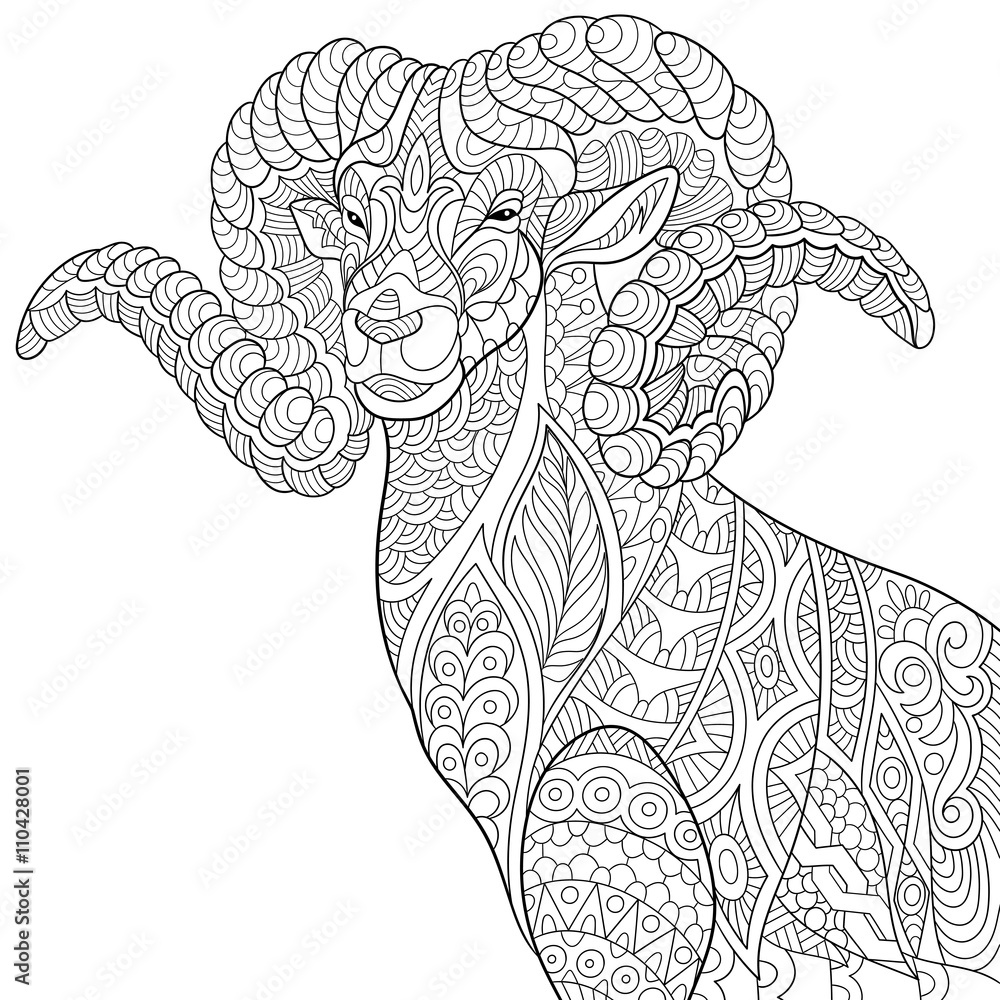Zentangle stylized cartoon goat (ram, ibex, aries, capricorn zodiac). Hand  drawn sketch for adult antistress coloring page, T-shirt emblem, logo,  tattoo with doodle, zentangle, floral design elements. Stock Vector | Adobe  Stock