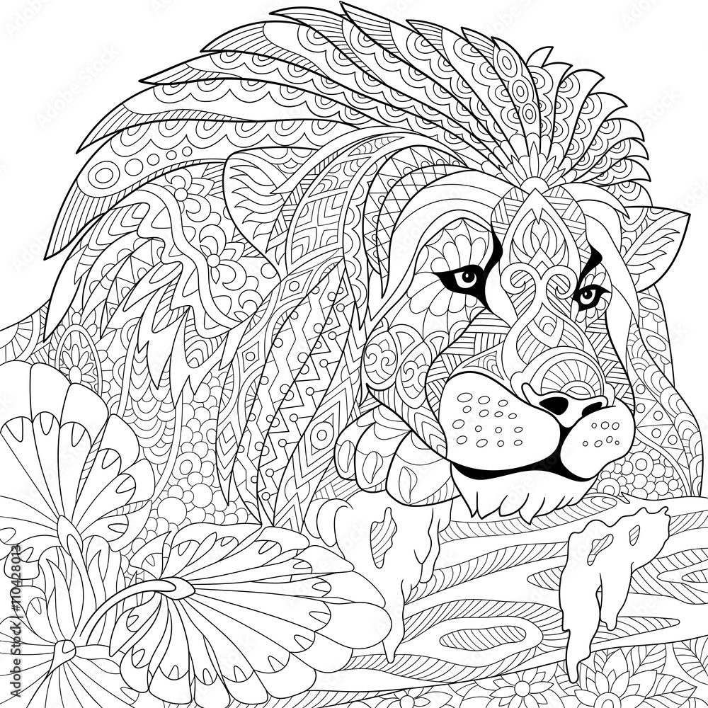 Naklejka premium Zentangle stylized cartoon lion (wild cat, leo zodiac). Hand drawn sketch for adult antistress coloring page, T-shirt emblem, logo or tattoo with doodle, zentangle, floral design elements.