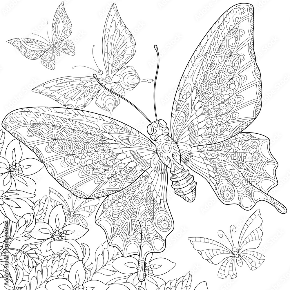 Zentangle stylized five cartoon butterflies flying around flowers. Hand ...