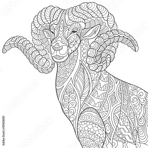 Zentangle stylized cartoon goat (ram, ibex, aries, capricorn zodiac). Hand drawn sketch for adult antistress coloring page, T-shirt emblem, logo, tattoo with doodle, zentangle, floral design elements.