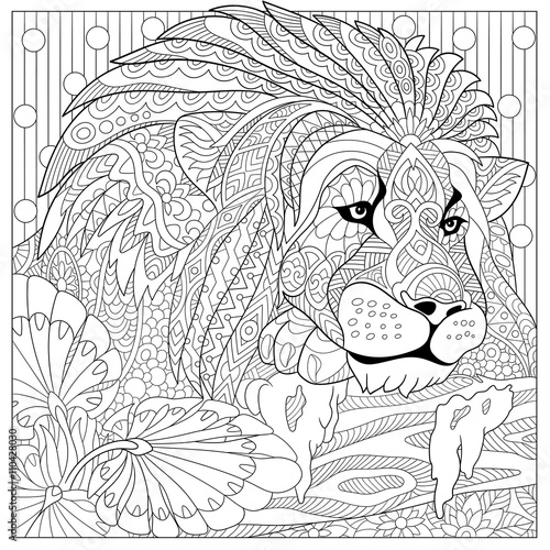 Fototapeta Naklejka Na Ścianę i Meble -  Zentangle stylized cartoon lion (wild cat, leo zodiac). Hand drawn sketch for adult antistress coloring page, T-shirt emblem, logo or tattoo with doodle, zentangle, floral design elements.