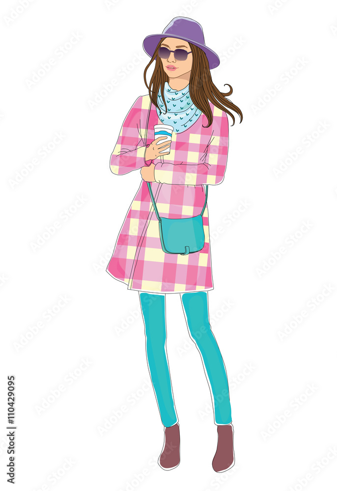 Beautiful young women girl fashion jacket in glasses and hat with cap of coffee. hipster stile Vector hand drawn isolated illustration. Beautiful young women girl fashion jacket in glasses and hat with cap of coffee. hipster stile Vector hand drawn isolated illustration.