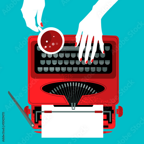 Woman typing on a vintage typewriter and holding a cup.