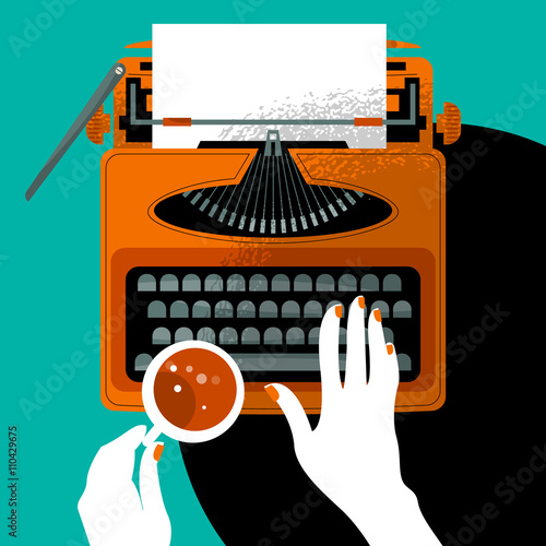 Woman typing on a vintage typewriter and holding a cup.