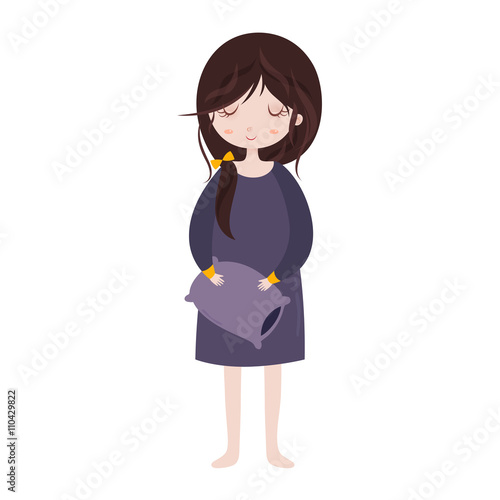 Sleepy girl in pajamas. Cute cartoon character with pillow.