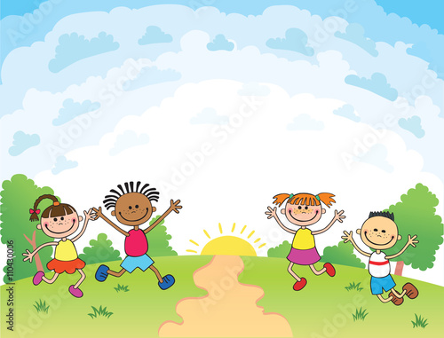 children are jumping on the glade, bunner cartoon funny vector, Template advertising brochure. Ready for your message. blank template  character. illustration